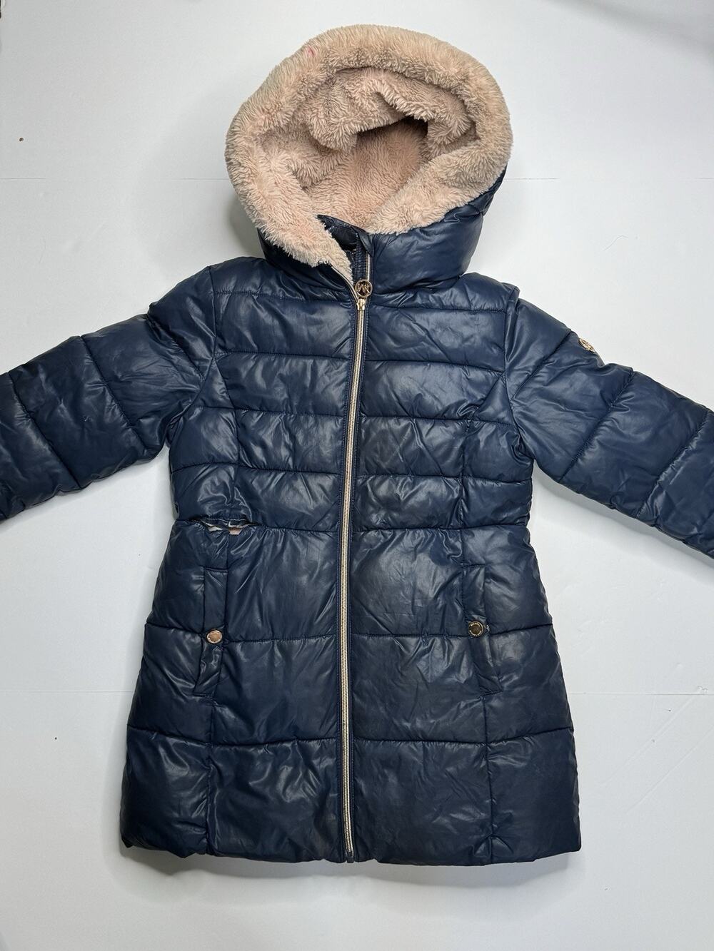MICHAEL Michael Kors Girls 14 Navy Puffer Coat Faux Fur Hood Damaged